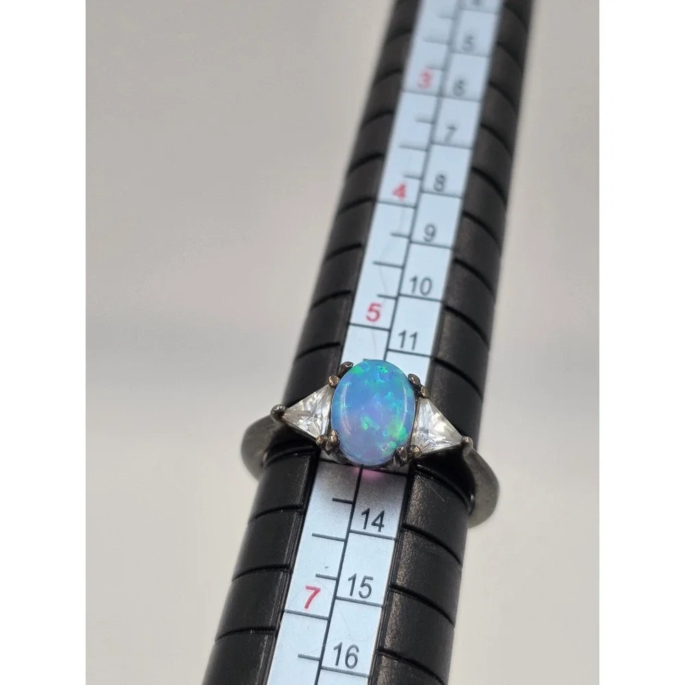 Sterling Silver‎ 925 Blue Opal Trillion CZ Three Stone Ring Size 6.25 Oxidized